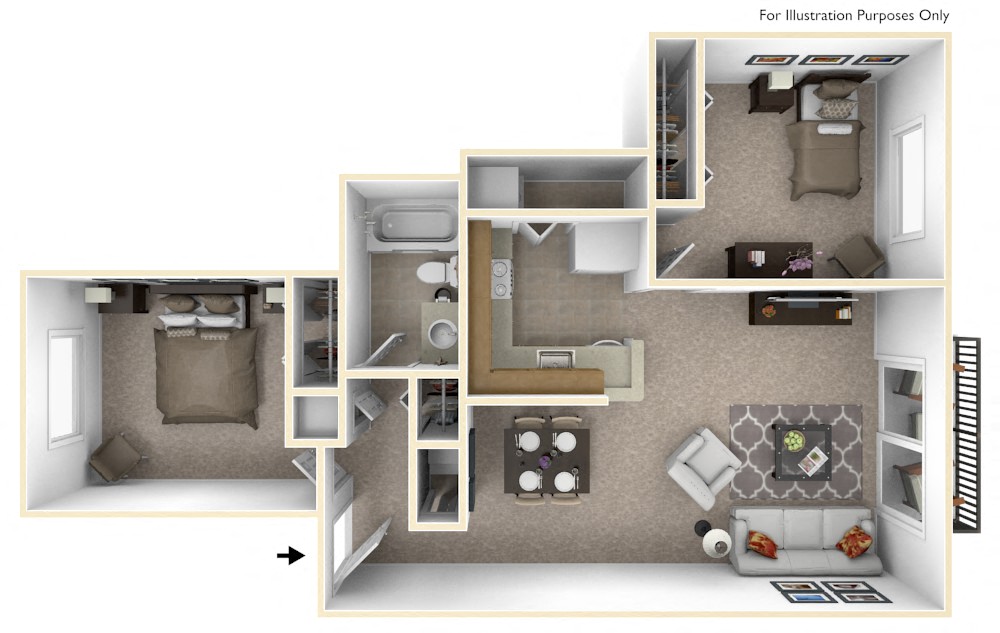 Floor plan for 2 beds, 1 bath, 900 sqft